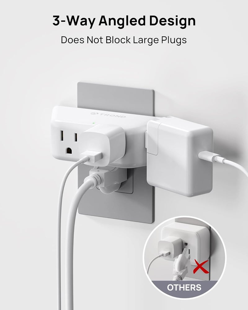 TROND Outlet Extender Surge Protector - Multi Plug Wall Outlet with 4 Grounded Sockets, 3 Way Angled Plug Adapter, 900J, Electrical Wall Splitter for Home Office Travel Dorm Room, White - Image 3
